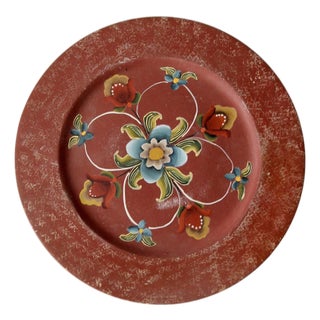 Vintage Hand Painted Folk Art Floral Wood Decorative Plate For Sale