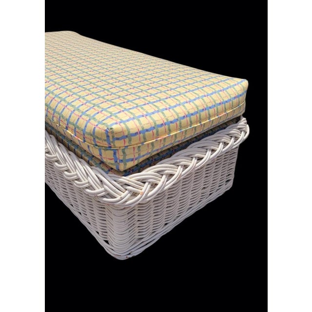 Vintage Huge Braided Off White Wicker Upholstered Yellow Blue Plaid Regency Bench For Sale - Image 10 of 10