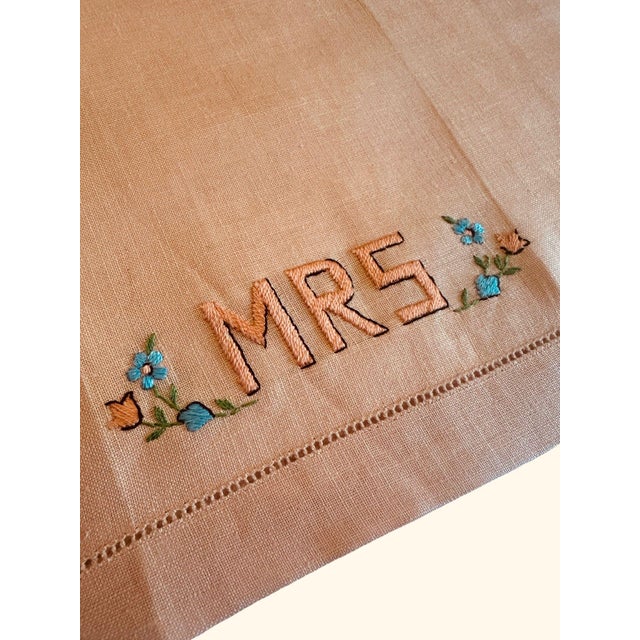 Vintage Mr & Mrs Embroidered Linen Towels Set Blush Apricot Monogram Floral Boudoir Hand Towels For Sale - Image 11 of 12