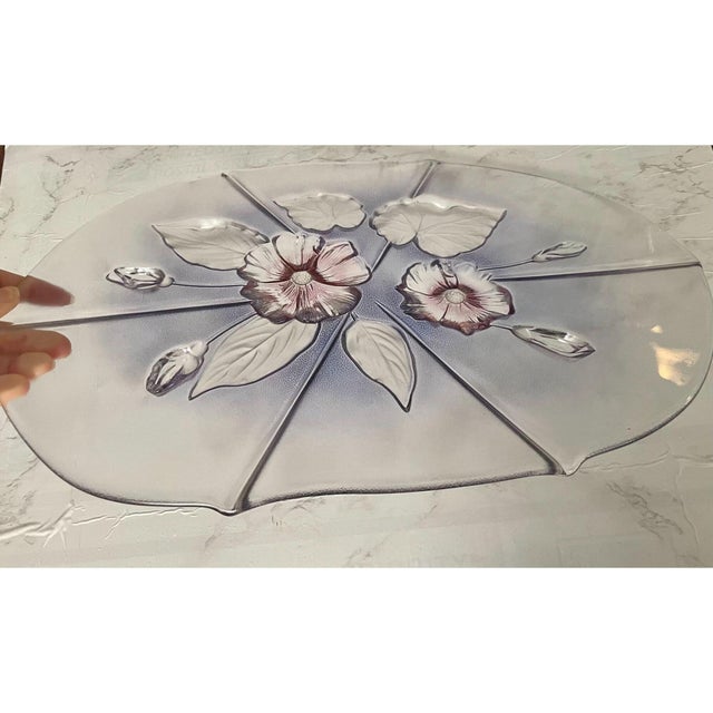 Mikasa Vintage Mikasa Walther Glass Oval Platter – Raised Floral & Leaf Design – Pink and Blue - Serving Tray or Centerpiece For Sale - Image 4 of 8