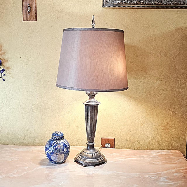 Vintage Neoclassical Metal Column Table Lamp With Double Pull Chains For Sale - Image 15 of 18