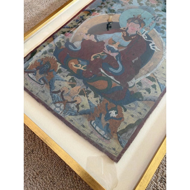 Late 19th Century Late 19th Century Hand-Painted Tibetan Thangka-Style Devotional Painting on Linen Framed For Sale - Image 5 of 5