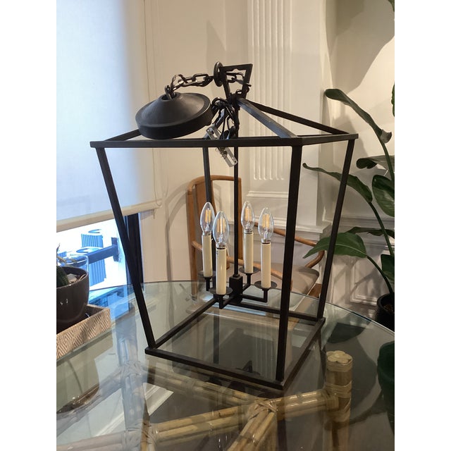 Modern Black Iron Four-Light Lantern Pendant Chandelier With Chain Suspension For Sale In Atlanta - Image 6 of 6