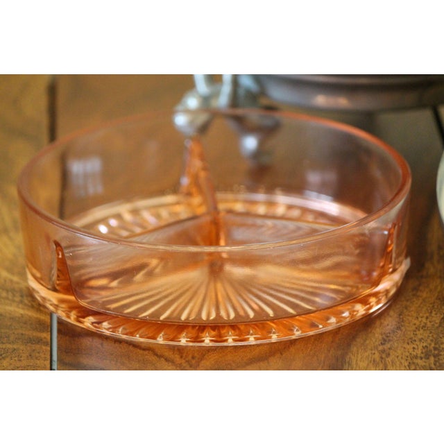 Rare 1930s Starburst Pink Depression Glass Divided Dish, Aluminum, Lidded Carrier For Sale - Image 6 of 9