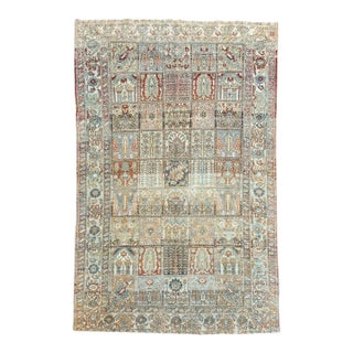 Antique Rug 7x10 | Garden Panel Design in Soft Ivory, Red & Blue For Sale