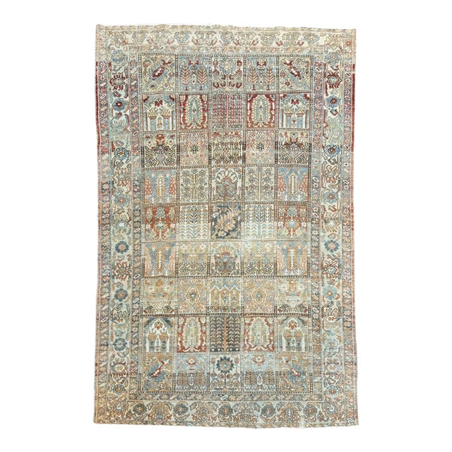Antique Rug 7x10 | Garden Panel Design in Soft Ivory, Red & Blue For Sale