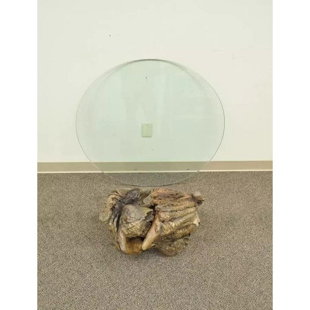Vintage Mid Century Modern Live Edge Glass Top Burl Wood Pedestal Coffee Table For Sale In Philadelphia - Image 6 of 11