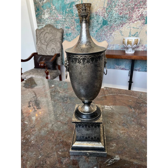 Exquisite Handmade Metal Urn: Silver Lions Head Handles Created in Italy. Made in the 1990s.