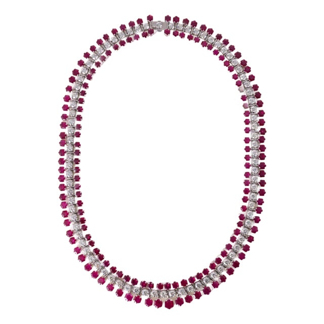 Vintage 38.91 Carats Ruby & 17.71 Carats Diamond Triple Row Necklace 14k Gold For Sale