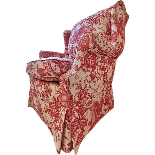 Custom Wingback Chair in Red Raspberry and Cream in Heritage Toile by Brunschwig & Fils For Sale - Image 9 of 17