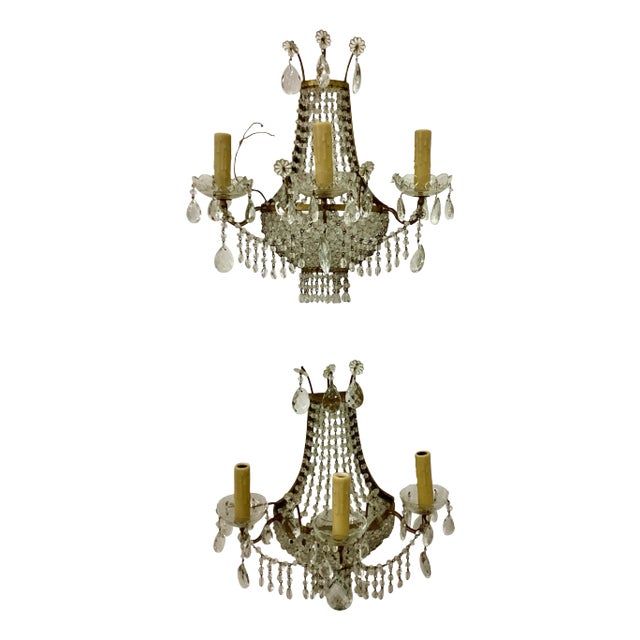 Pair of Vintage Italian Gilt Metal and Crystal Wall Sconces For Sale