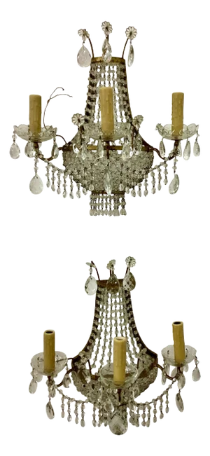 Pair of Vintage Italian Gilt Metal and Crystal Wall Sconces