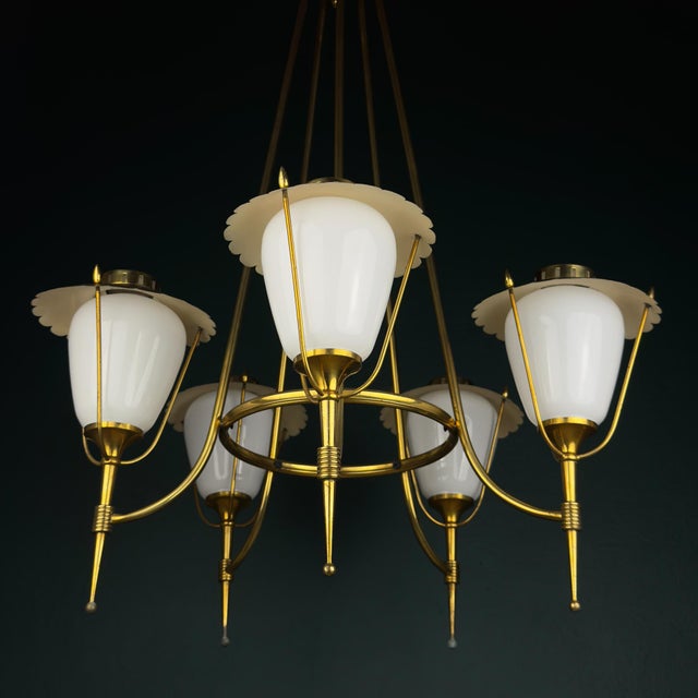 Vintage Art Deco Glass and Brass Chandelier from Maison Arlus, France 1950s For Sale - Image 14 of 18