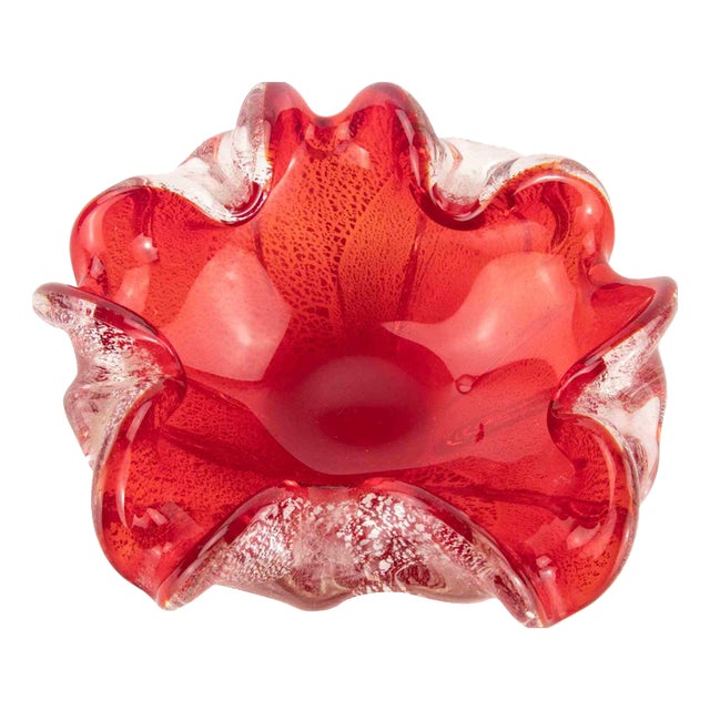 Vintage Red Bubble Murano Glass Ashtray attributed to Barovier and Toso, 1970s For Sale