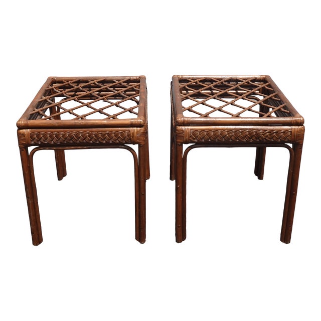 Vintage Mid Century Modern Rustic Bamboo Rattan Brown End Tables - a Pair For Sale