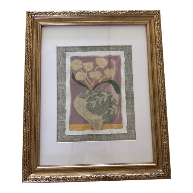 Original Framed Floral Painting With Fabric Collage Work For Sale