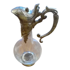 1940s Ornate Art Nouveau Silver Plated & Glass Wine Decanter