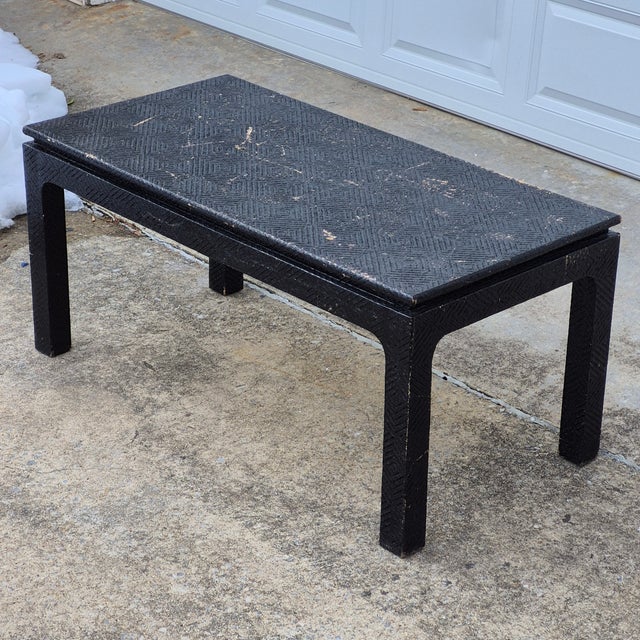 Mid-20th Century Asian Ming Style Rectangular Black Lacquered Grasscloth Coffee Table (48x24") For Sale - Image 15 of 15