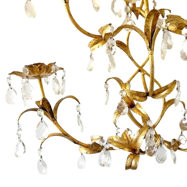 Pair of Large Vintage Rococo Italian Gilt Tole 5 Candle Sconces With Crystals For Sale - Image 4 of 4