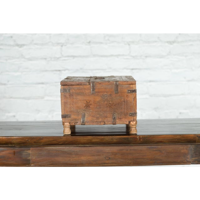 Rustic Rustic Indian 19th Century Sheesham Cash Box with Carved Rosettes and Small Feet For Sale - Image 3 of 13
