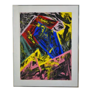 1980s Signed Abstract Tempera Painting on Paper, Framed