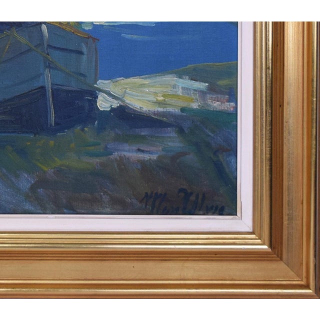 Paint Danish Mid Century Modern Harbor Seascape With Boats For Sale - Image 7 of 7