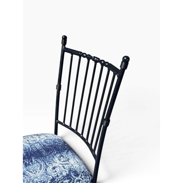Faux Bamboo Wrought Iron Counter Stool | Spindle Back & Blue Damask Seat | Sold Individually, 5 Available For Sale - Image 9 of 12