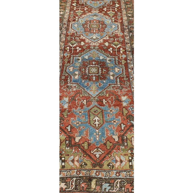 Early 20th Century Antique Persian Heriz Runner With Geometric Medallion Design in Red, Olive, Blue 3'2"x11'7" For Sale - Image 5 of 11