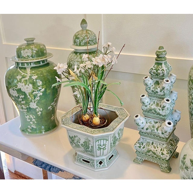 Chinoiserie Green & White Porcelain Two-Tier Tulipiere Vase – Hand-Painted Famille Verte Bok Choy Chinoiserie (18") For Sale - Image 3 of 3