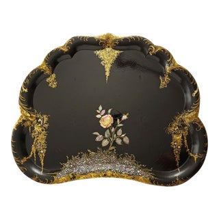 Antique English Large Papier Mache Tray Mother of Pearl Wisteria Parlor Maid Tray For Sale
