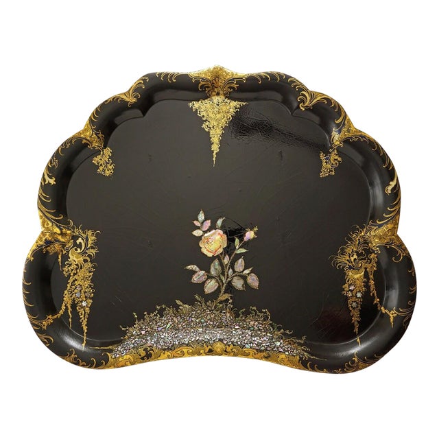Antique English Large Papier Mache Tray Mother of Pearl Wisteria Parlor Maid Tray For Sale