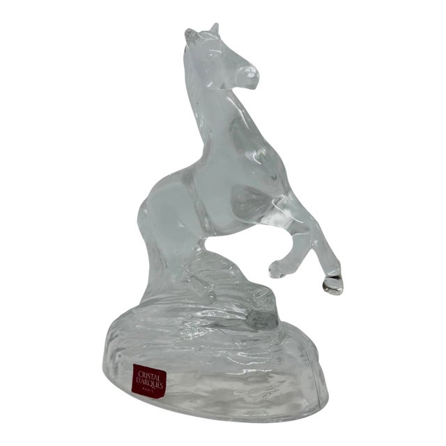 Vintage Cristal d'Arques Paris, France 24% Lead Crystal Rearing Horse Figurine on Frosted Oval Base For Sale
