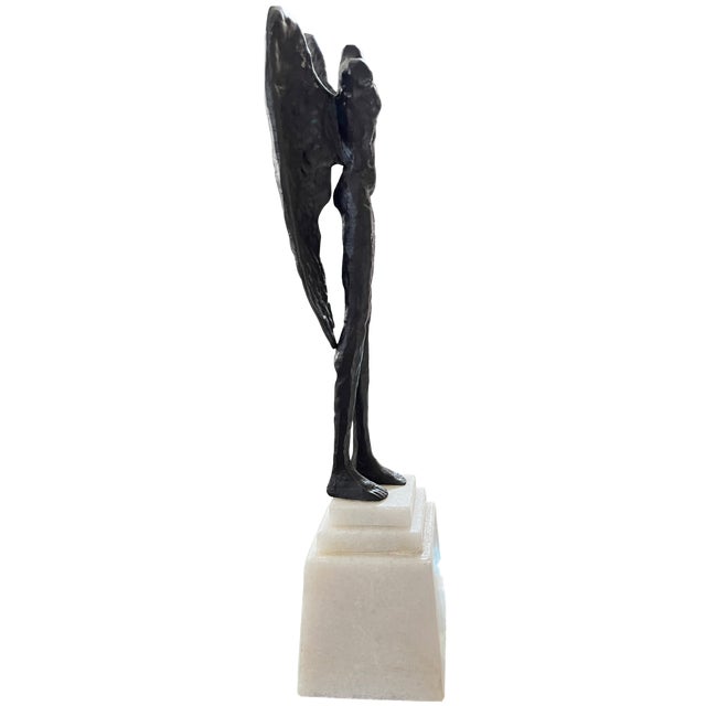 Mid-Century Modern Global Views Cast Iron Winged Torso Sculpture on Solid Alabaster Pedestal, After Alberto Giacometti, 15.5" For Sale - Image 3 of 6
