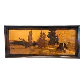 Early 20th Century Alpine Lake Att. Pierre Rosenau Marquetry Panel Framed For Sale