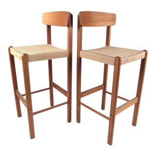 Late 20th Century Teak & Paper Cord Bar Stools - a Pair For Sale