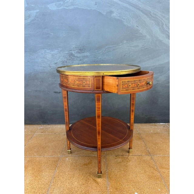 French Louis XVI Style Round Side Table with Marquetry and Drawer, 1930s For Sale - Image 11 of 13