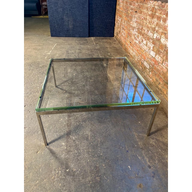 Late 20th Century Late 20th Century Square Glass Coffee Table With Polished Steel Parsons Base For Sale - Image 5 of 7