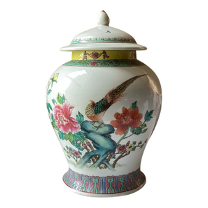 Large Vintage Chinese Porcelain Jar With Lid – Bird of Paradise & Calligraphy