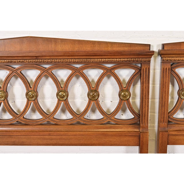 Wood Drexel Mid-Century French Regency Louis XVI Carved Walnut Twin Size Headboards, Pair For Sale - Image 7 of 9