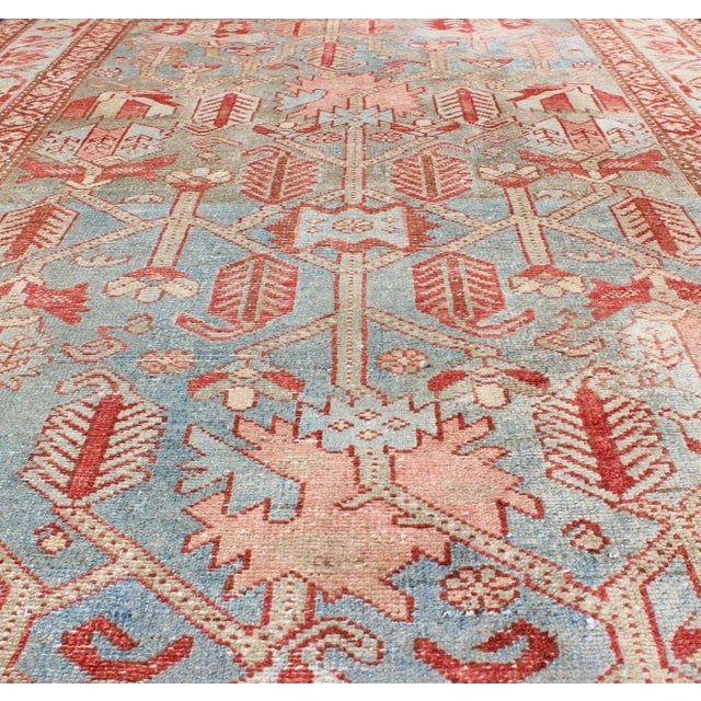 1920s Antique Persian Malayer Rug With Repeating Geometric Design in Soft Blue & Ivory For Sale - Image 5 of 11