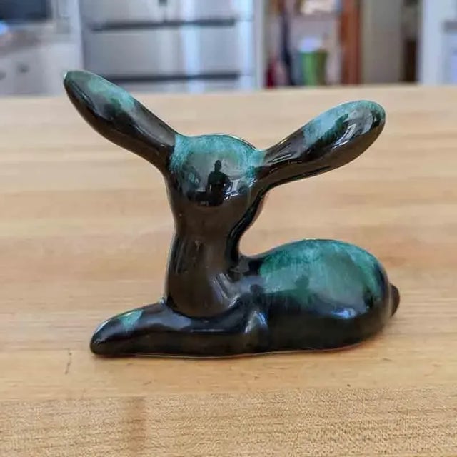 Mid 20th Century Blue Mountain Pottery Drip Glaze Blue, Green & Brown Redware Fawn Figurine For Sale - Image 12 of 12