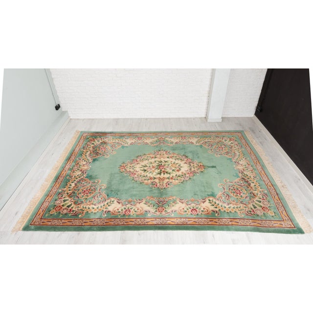 French Green Wool and Floral Rug in the style of Aubusson, 20th Century For Sale - Image 9 of 9