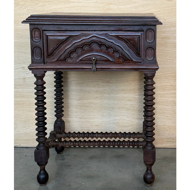 19th Century 19th Century Pair of Light Walnut Carved Spanish Nightstands With Lentil Legs and Drawer For Sale - Image 5 of 13