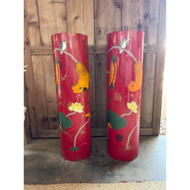 Chinoiserie Vintage Painted Red Chinoiserie Pedestals , a Pair For Sale - Image 3 of 8