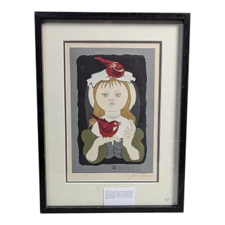 1959 Jun'ichiro Sekino Pencil-Signed Japanese Woodblock Print, "Young Girl With Two Cardinals" - Framed For Sale