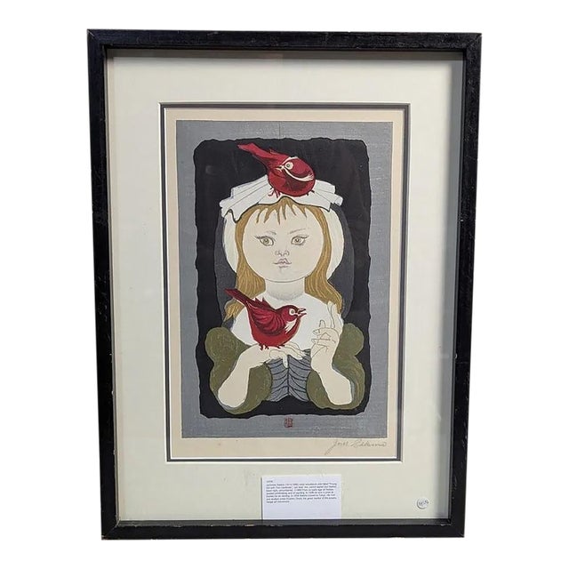 1959 Jun'ichiro Sekino Pencil-Signed Japanese Woodblock Print, "Young Girl With Two Cardinals" - Framed For Sale