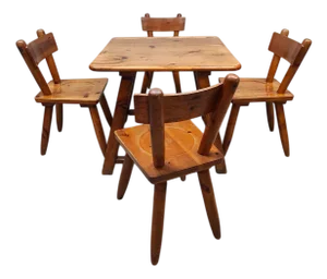 Vintage Brutalist Wooden Dining Set Chairs & Table Wooden Dining Set, 1970, Set of 5