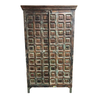 Distressed Custom Salvaged + Hand Carved Indian Wood Armoire For Sale
