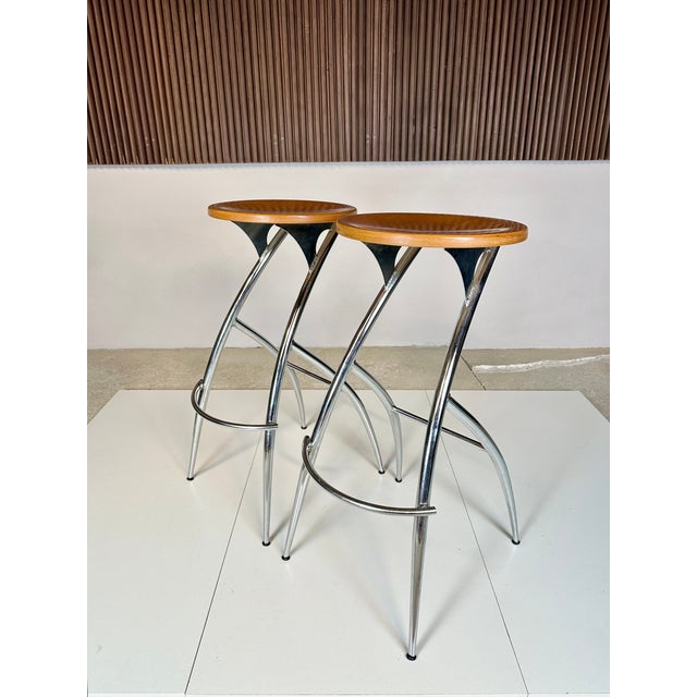 Postmodern Chromed Steel and Beech Bar Stools, Italy, 1990s, Set of 2 For Sale - Image 11 of 11