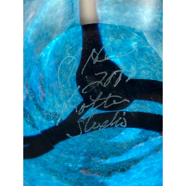 Glass Signed Hand‑Blown Studio Art Glass Perfume Bottle – Blue Swirl With Clear Stopper For Sale - Image 7 of 9
